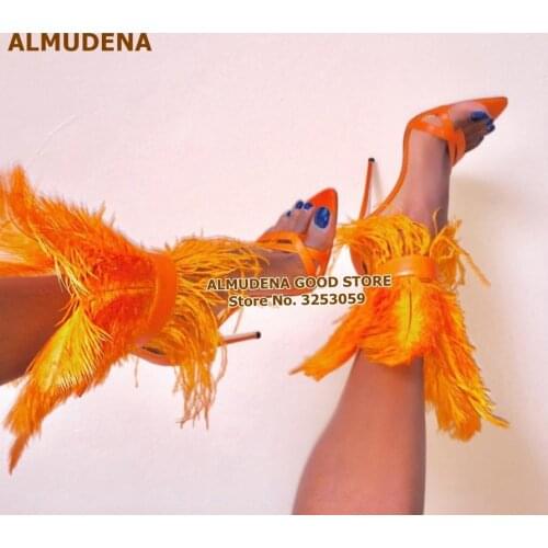 ALMUDENA Orange Pink White Feather High Heel Sandals Thin Heels 3D Wing Wedding Shoes Clip Toe Strappy Stage Shoes Wedding Pumps