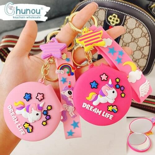 Creative Multifunction Unicorn Mirror Keychain Keyring Cute Silicone Women Bag Pendant Key Chain Girls Kids Backpack Keychains