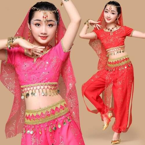 Sari Dancewear Kids Indian Outfits Bollywood Clothing Children Belly Dance Costume 7pcs (Top Belt Pants Veil 3 accessories)