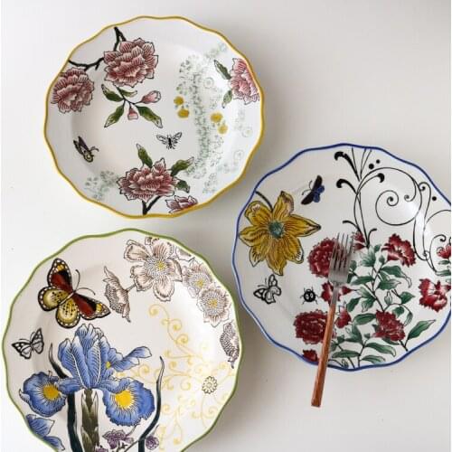 Ceramic Hand-painted Flowers Retro Country Style Big Deep Plate 10 Inches Plate/Household Tableware Dishes