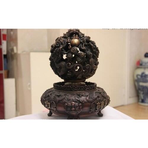 Chinese Folk tradition feng shui red bronze nine Dragon luckiness ball Statue