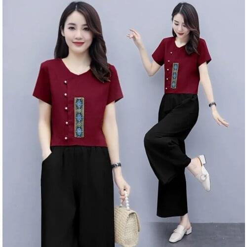 Single/Suit Summer2021Piece Set Pants Women Casual Tops Ladies Retro Wide Leg Pants Outfit Fashionable Female Two-Piece 2PCS 659