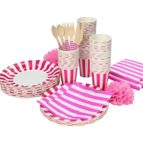 Clearance sale Lovely Stripe Party Tableware Birthday Party paper plate cups napkins paper straw Cutlery Set