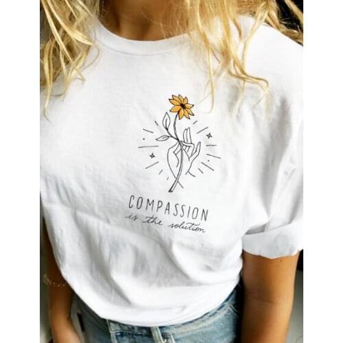 Compassion is the solution Pocket T-Shirt Casual Stylish 100% Cotton Graphic Tee Compassion Vintage Hand Flower Grunge Top Shirt