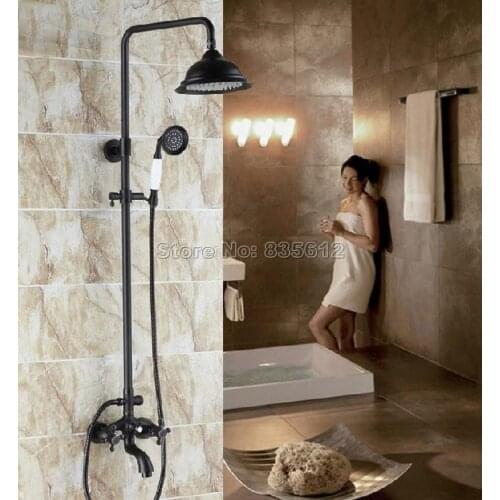 Black Oil Rubbed Wall Mounted Bathroom Luxury Rain Shower Faucet Set with Dual Cross Handles Bathtub Mixer Taps Wrs451