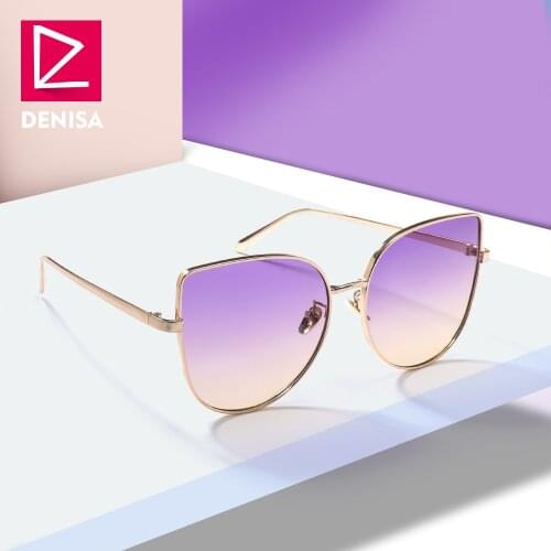 DENISA Pink Yellow Gradient Cat Eye Sunglasses Ladies 2019 Trendy Colored Cat Glasses Women Shades UV400 lentes de sol mujerJ817