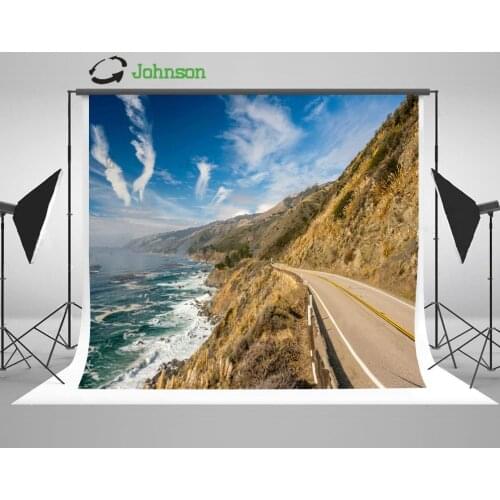 Coast Road Blue Sky White Clouds Sea Mountain background polyester or Vinyl cloth High quality Computer print wall backdrop