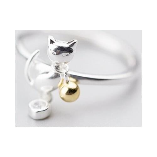 Sole Memory Cute Cartoon Cat Bell 925 Sterling Silver Female Resizable Opening Rings SRI949