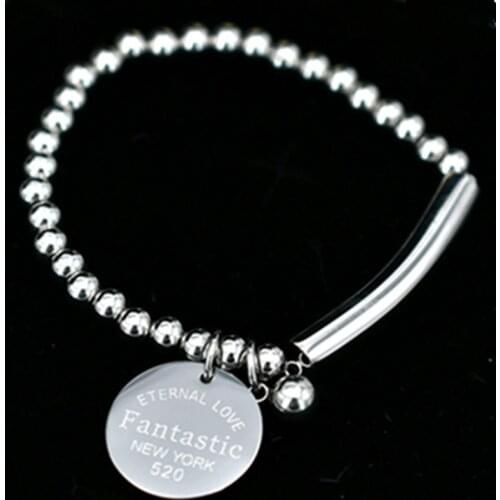Stainless Steel Ball Beads Bracelet For Women Circle Tag Charm Stretch Strand Bracelet "Fantastic Eternal Love New York" K001-8