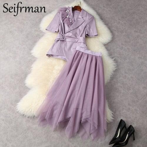 Seifrmann New 2021 Summer Women Fashion Designer Skirts Set Short Sleeve Slim Tops+Elastic Waist Mesh Asymmetrical Skirts Suits