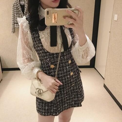Autumn Winter 2 Piece Set Dress Women Ruffles Bow Shirt Lace Top+Plaid Sleeveless Tweed Vest Dress Double Breasted Overalls