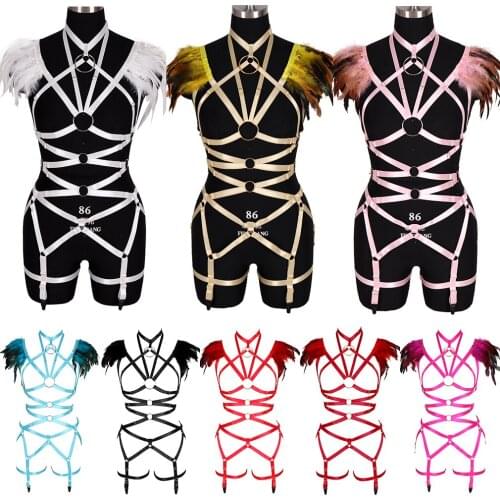 Feather Erotic Lingerie Women Goth Dance Party Club Wear Sword Belt Elastic Harness Bra Cage Sexy Lingerie Garters Suspenders