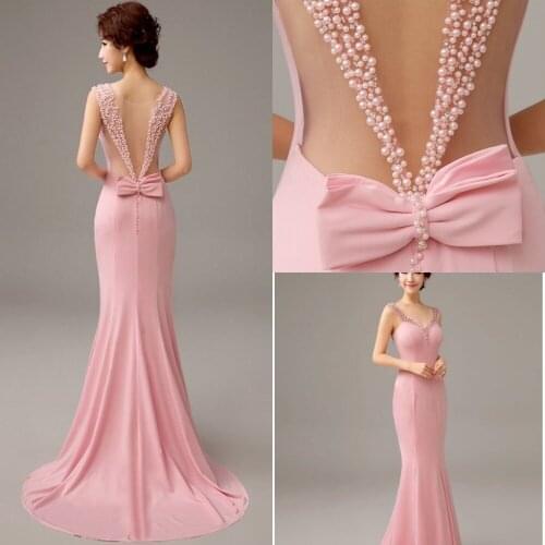 Vestidos de noiva 2019 Straps Bowknot Pearls Mermaid Pink Long Prom Gowns Sheer Back Formal Dress Evening Party Dresses Custom
