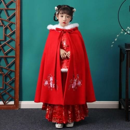 Winter Girls Dress Cape Fur Collar Thickened Hanfu Coat Princess Style Cape Thickened Warm Party Dress Chinese Style Embroidery