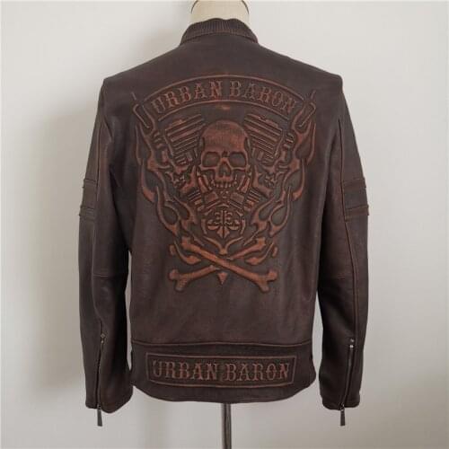 2020 Vintage Brown Skulls Bikers Jacket Plus Size XXXXL Genuine Cowhide Autumn Slim Fit Motorcycle Leather Coat