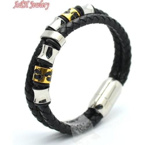 5pcs Super Quantity Double Layer Genuine Leather Bangles For Men Stainless Steel With Footprint Laser Bracelet