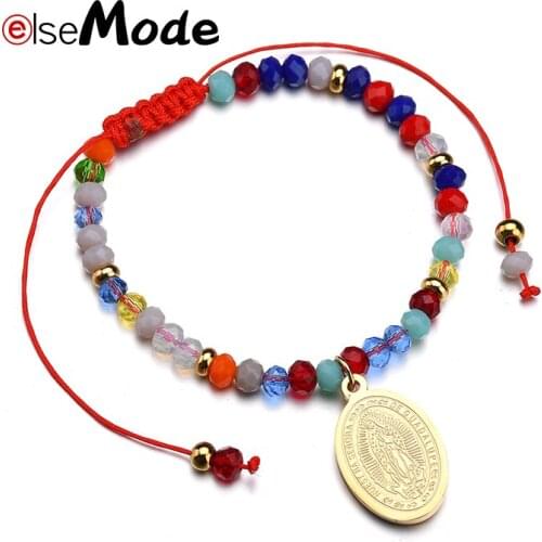 ELSEMODE Ethnic Jesus Virgin Mary Handmade Woven Beads Bracelets with Gold Stainless Steel for Women Charming Gifts Jewelry