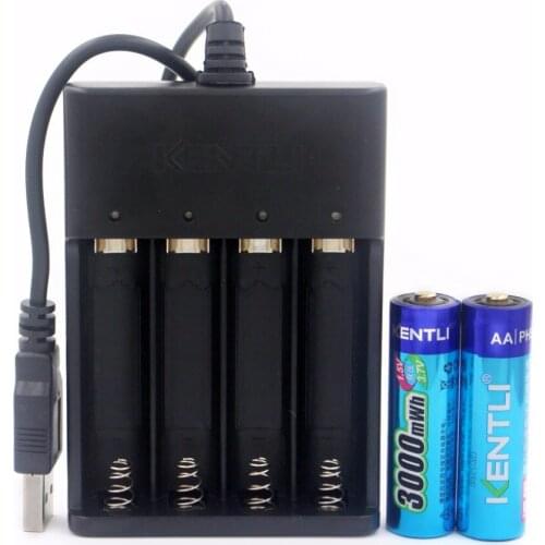 KENTLI 2pcs 1.5v 3000mWh AA lithium rechargeable battery +1pcs 4-slots USB smart Charger