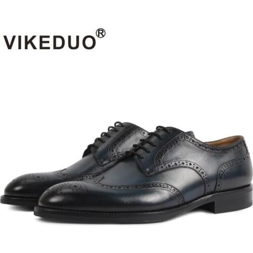 Vikeduo Classic Full Brogues Handmade Wedding Party Derby Shoes Business Blue Brand Male Genuine Leather Patina Men Dress Shoes
