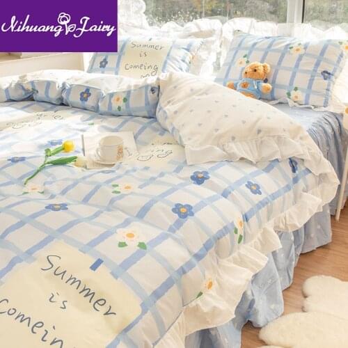 Korean style princess blue flower pure cotton bed four-piece set 100 cotton ins girl heart bed sheet quilt cover three-piece set