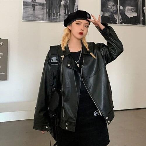 Korean Women Lapel Long Sleeve Black Faux Leather Jacket Autumn Loose Casual Female PU Moto Biker Coat Streetwear Chaqueta Mujer