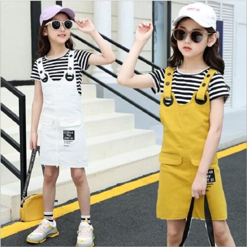 Summer Kids Clothes Baby Girls Overalls Sets Children Clothes Girls Sets Cotton Cartoon Stripe T-Shirt and Skirts Set For Girls