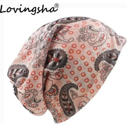 LOVINGSHA Autumn Winter Thin Skullies Beanies Cute Print Design Hats For Women Girl Fashion Feminino Multifunction Scarf HT101