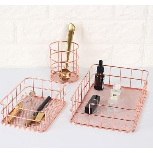 Copper Storage Basket Cosmetic Organizer Rose Gold Makeup Brushes Holder Metal Wire Toiletry Collection Baskets Bathroom Shelves