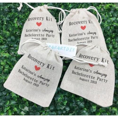 Custom any language wedding Day Emergency Bachelorette Party recovery Kits birthday Guest Welcome jewelry favor muslin gift Bags
