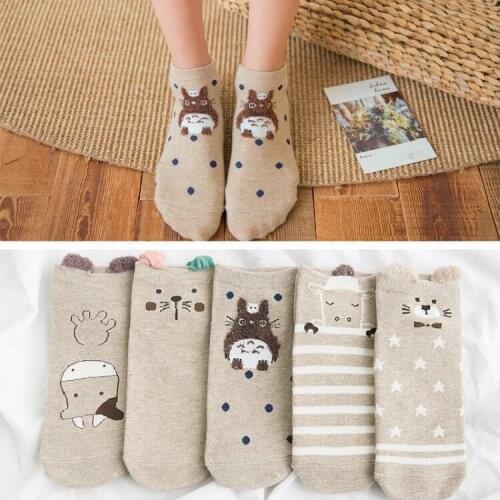 5 pairs of spring and summer ladies boat socks cute cartoon stereo ears short tube socks ladies all cotton socks socks