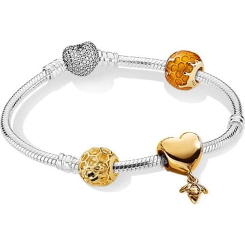 NEW 100% 925 Sterling Silver New Bracelet Set Love And Bees 18K Gold Color Luxury Bracelet Suit Suitable DIY Gift