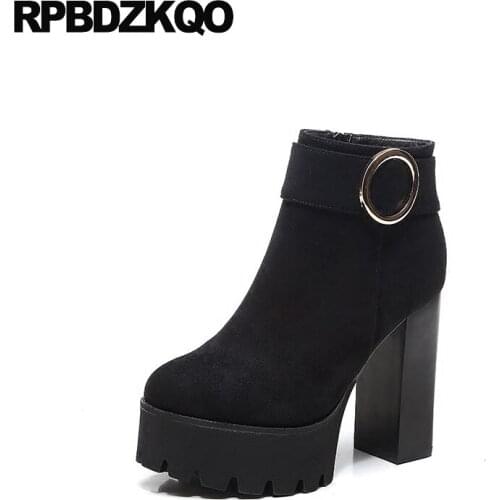 Shoes Zipper Chunky Extreme Metal Size 34 Ladies Fashion Side Zip Boots Sexy Suede Ankle Booties High Heel Fur Black European