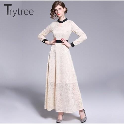 Trytree Autumn Elegant Casual Shirt Dress Polyester Hollow Out Collar women dresses Patchwork Colours Office Lady A-line Dress