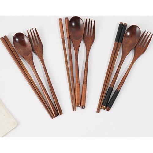 1 Pairs Chopstick +1 Spoons + 1 Fork Handmade Japanese Natural Wood Chopsticks Spoon Set With Gift Pocket Bamboo Chopstick Tool