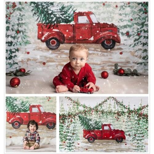 Christmas Photography Background Watercolor Red Truck Wiinter Forest Newborn Kids Baby Shower Birthday Decor Photo Backdrop Prop