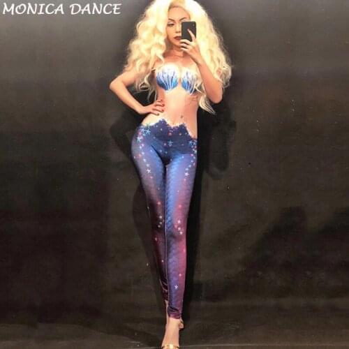 Sexy Stage Jeans Printed Jumpsuit Rhinestones Skinny Leggings Nightclub Show Womens Birthday Party Prom DS Outfit Stage Wear