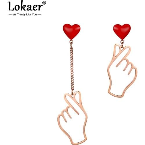 Lokaer Stainless Steel Rose Gold Color Earrings "show Love" Gesture Little Red Heart Asymmetry Jewelry E18468