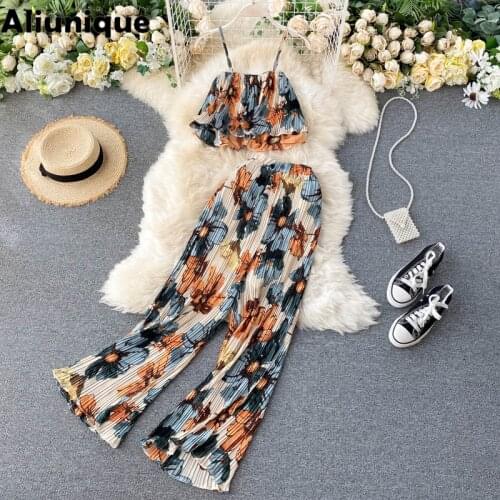 New Chiffon Floral Pleated Dress for Women 2021 Summer Fashion Bohemian Vacation Beach 2 Pieces Set High Waist Long Skirt Suit
