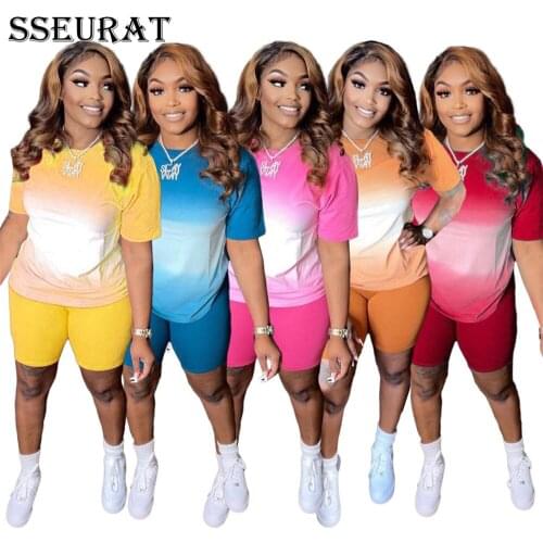 SSEURAT Women Set Casual Tracksuit Gradient Short Sleeve Tops Sheath Elastic Shorts 2 Two Piece Sets Sweatsuit Summer Outfit
