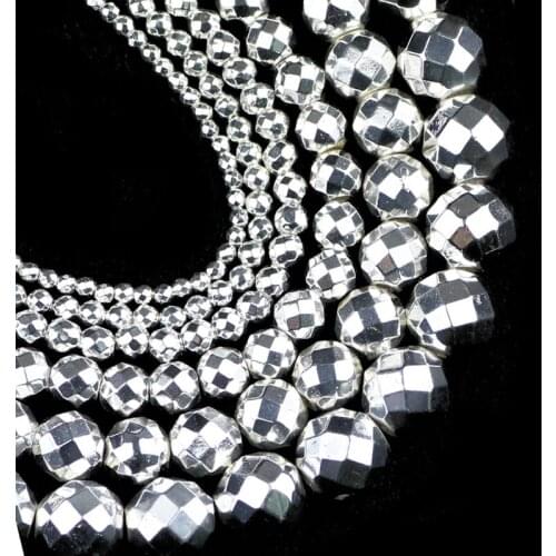 YHBZRET White Gold Faceted Hematite beads Natural Stone 2/3/4/6/8/10mm Round Loose beads Jewelry Making bracelets&necklace DIY