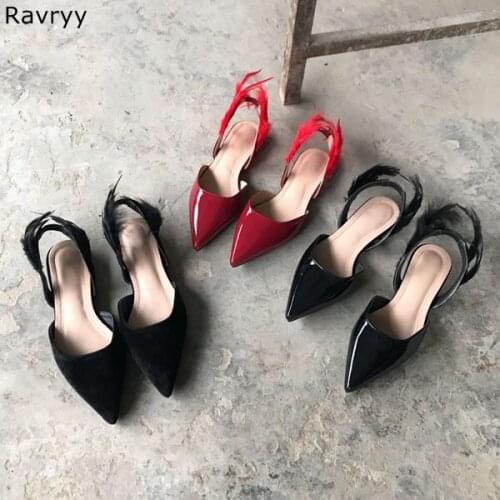 2018 retro style feather decor patent leather red shoes Pointed Toe female dress shoes V-shaped open design woman party shoes