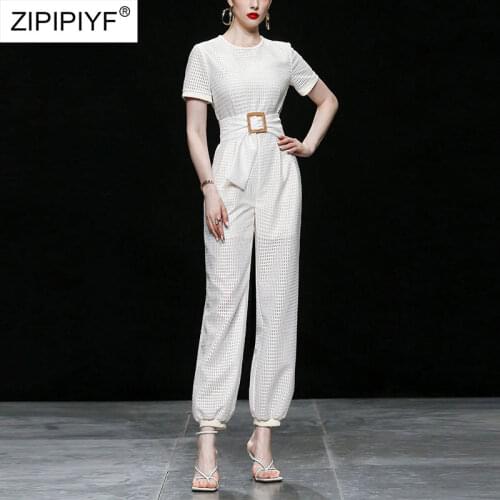 2021 Summer Runway Fashion O Neck Short Sleeve Bandage Design High Waist Solid Color Casual Women Street Style Jumpsuits Z443