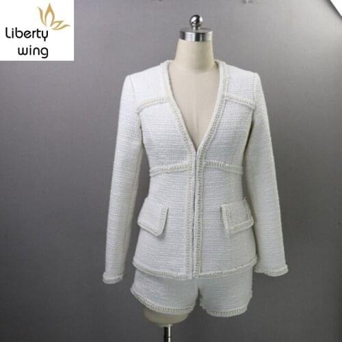 Women Sexy V Neck Tweed Jacket Pearls Bead White Coat Shors Two Piece Set Office Lady Party Ensemble Slim Fit Formal Outfits