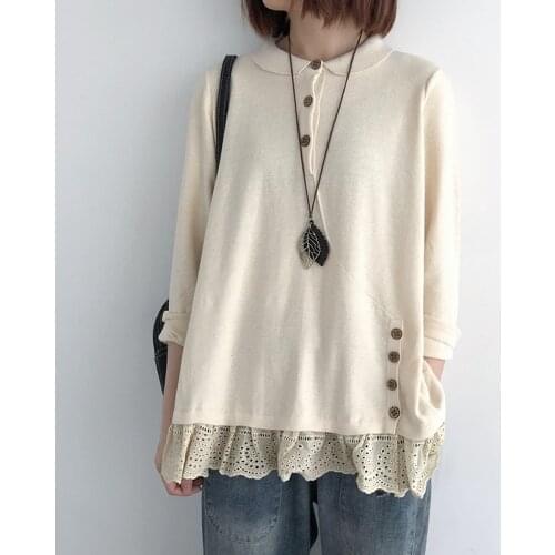 Johnature Women Sweet Pullover Sweaters Button Patchwork Lace 2021 Autumn New Soft Female Clothes Japan Style Mori Girl Sweater