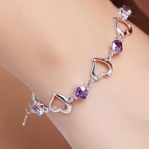New High Quality 925 Sterling Silver Bracelet Heart Purple Crystal Zircon Bracelet For Woman Party Engagement Jewelry Gift