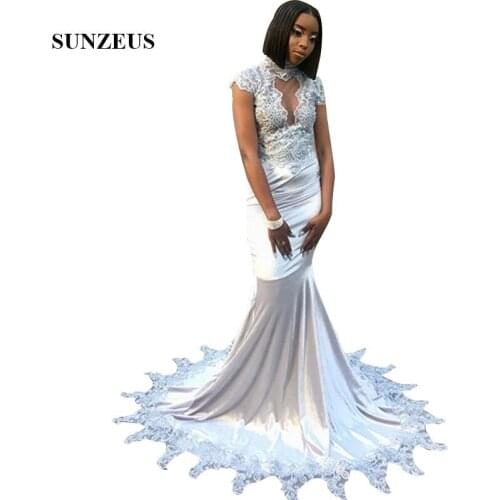 Robe De Bal Femme Longue Mermaid High Neck Cap Sleeve Lace Appliques Prom Gowns Black Girls Long Party Dress