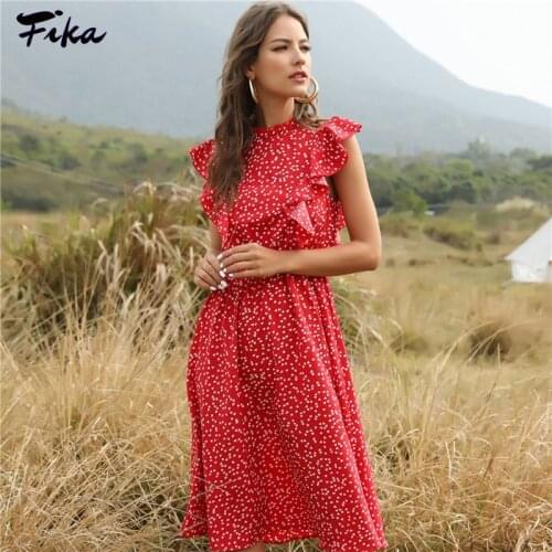 Casual Womens Elegant Heart Dot Print Dress Women 2021 Summer New Butterfly Sleeve Ruffles Mid-Long Vacation Beach Dress Red
