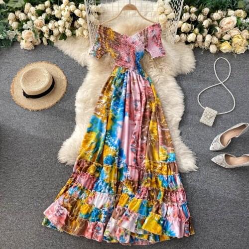 2021 Summer Women Short Sleeve Slash Neck Tie Dye Bright Floral Dresses Elastic Slimming Waist Cross Design Slim Long Dress