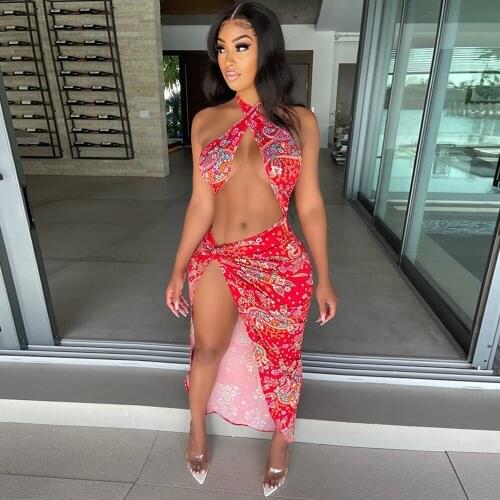 Bandanna Paisley Print Party Clubwear Dress Women Halter Neck Backless Holiday Dresses Vintage Waist Band Cut Out Robe Femme