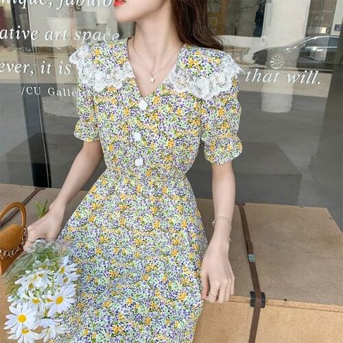 2021 New Fashion Women Chiffon Pleated Dress Pink Purple Floral Short Sleeve Casual 2xl Robe Vestidos Lady Dresses Elastic Waist